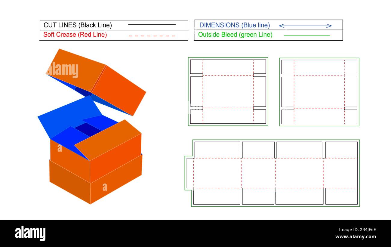 Standardbox mit 3-mm-Welldeckel, Versandkarton aus Karton mit 3D-mm-Schablone für Render und Druckleine Stock Vektor