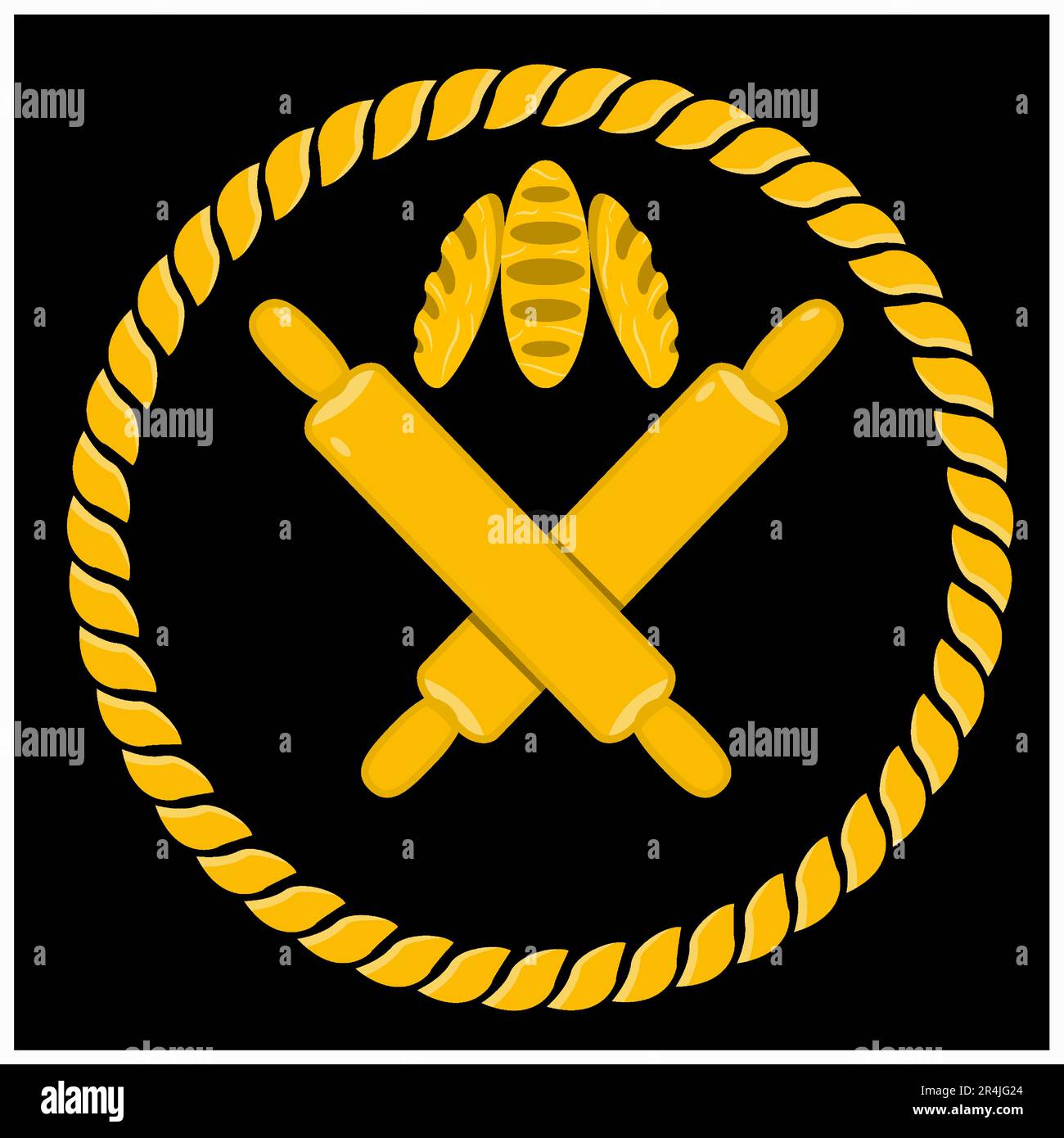 Vektordarstellung mit zwei Rollnadeln und drei Brotlogos, Hintergrund in den Farben Gelb, Gold und Schwarz Stock Vektor