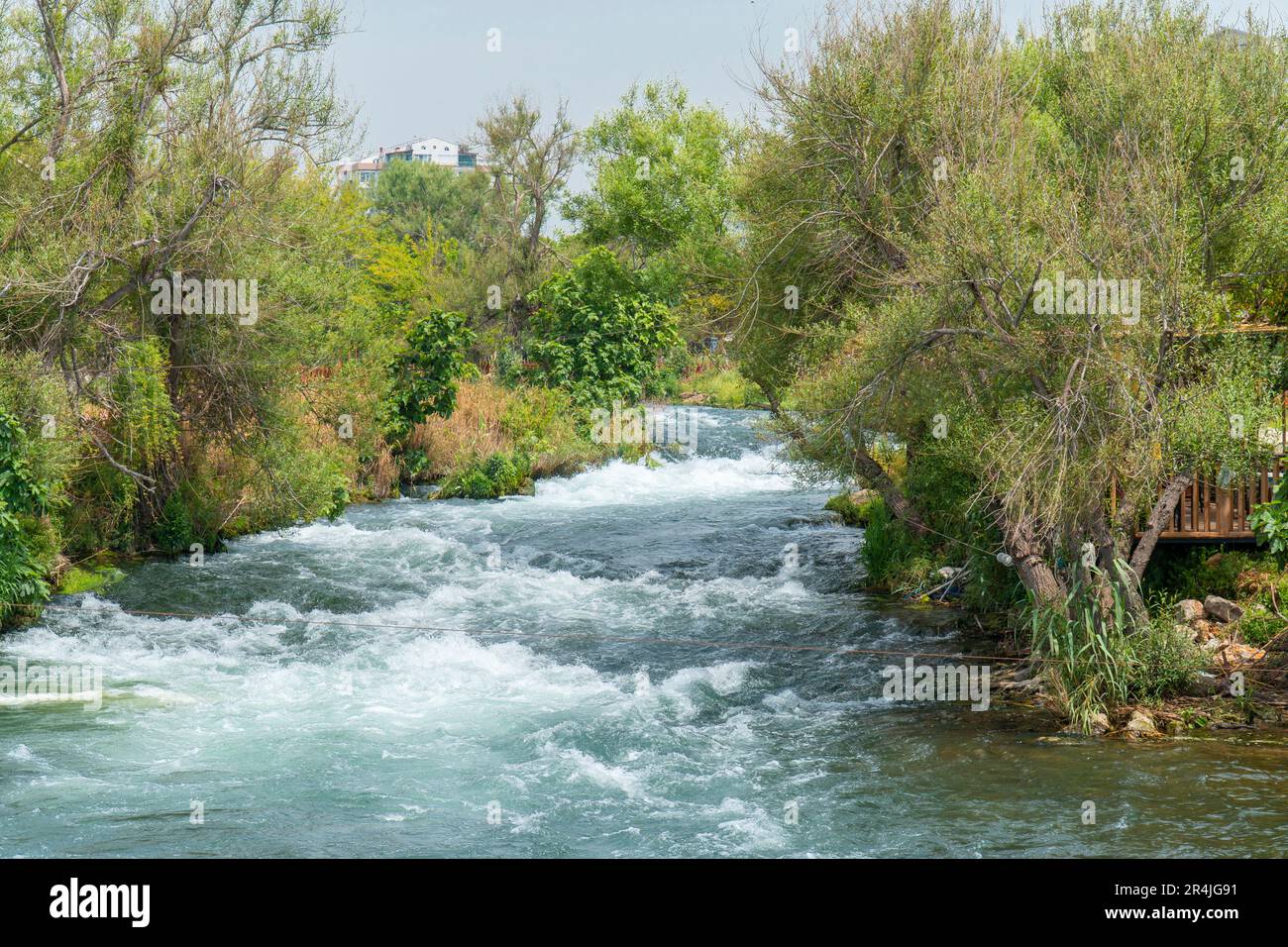 Frühling Hintergrund Wasserstrahl im Stadtpark. Wasser fließt durch Bäume in grüner Natur Stockfoto