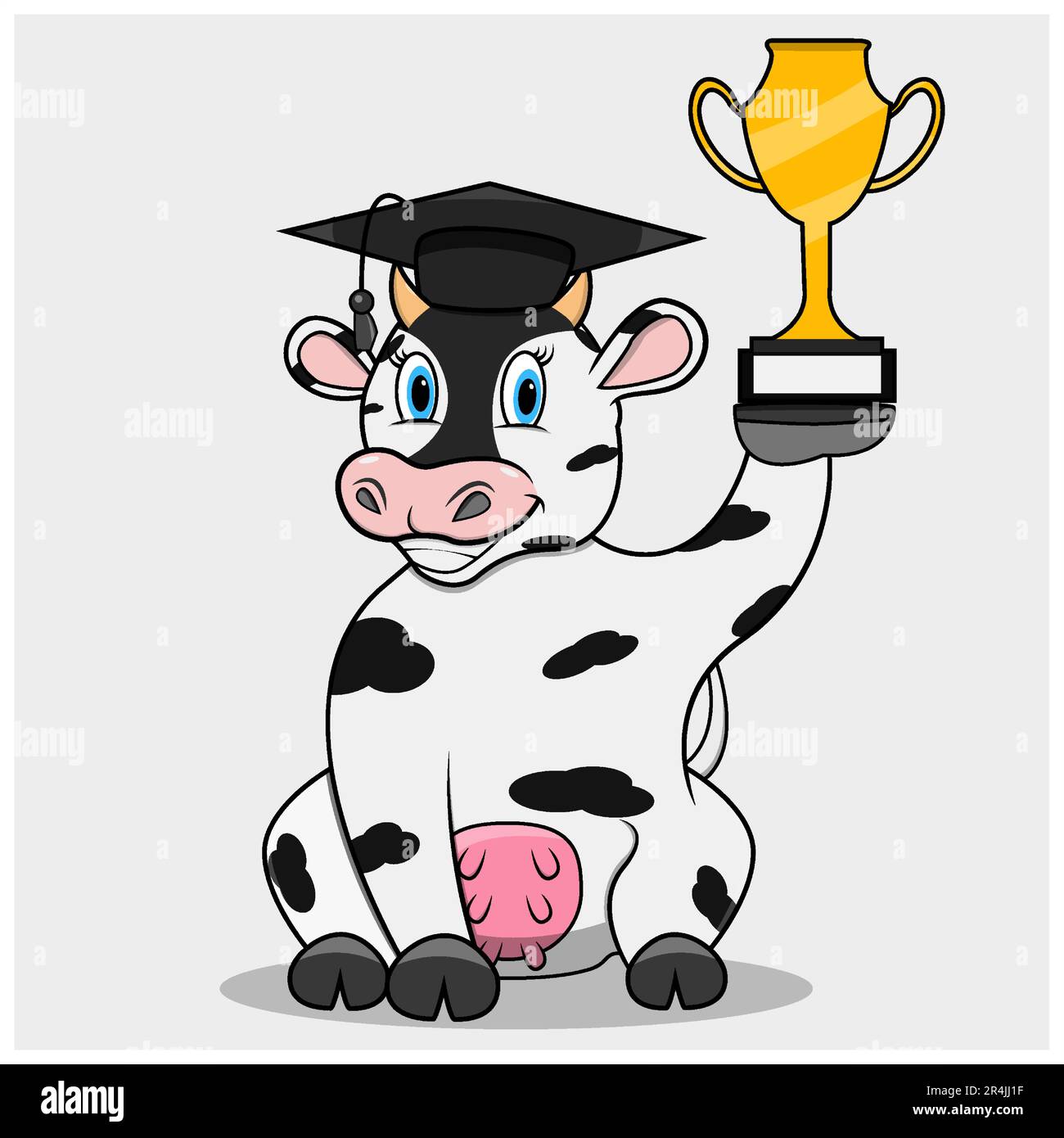 Cow Use hat Graduate und bring Trophäe, weiße Farben Hintergrund, Maskottchen, Icon, Charakter oder Logo mit, Vektor und Illustration. Stock Vektor