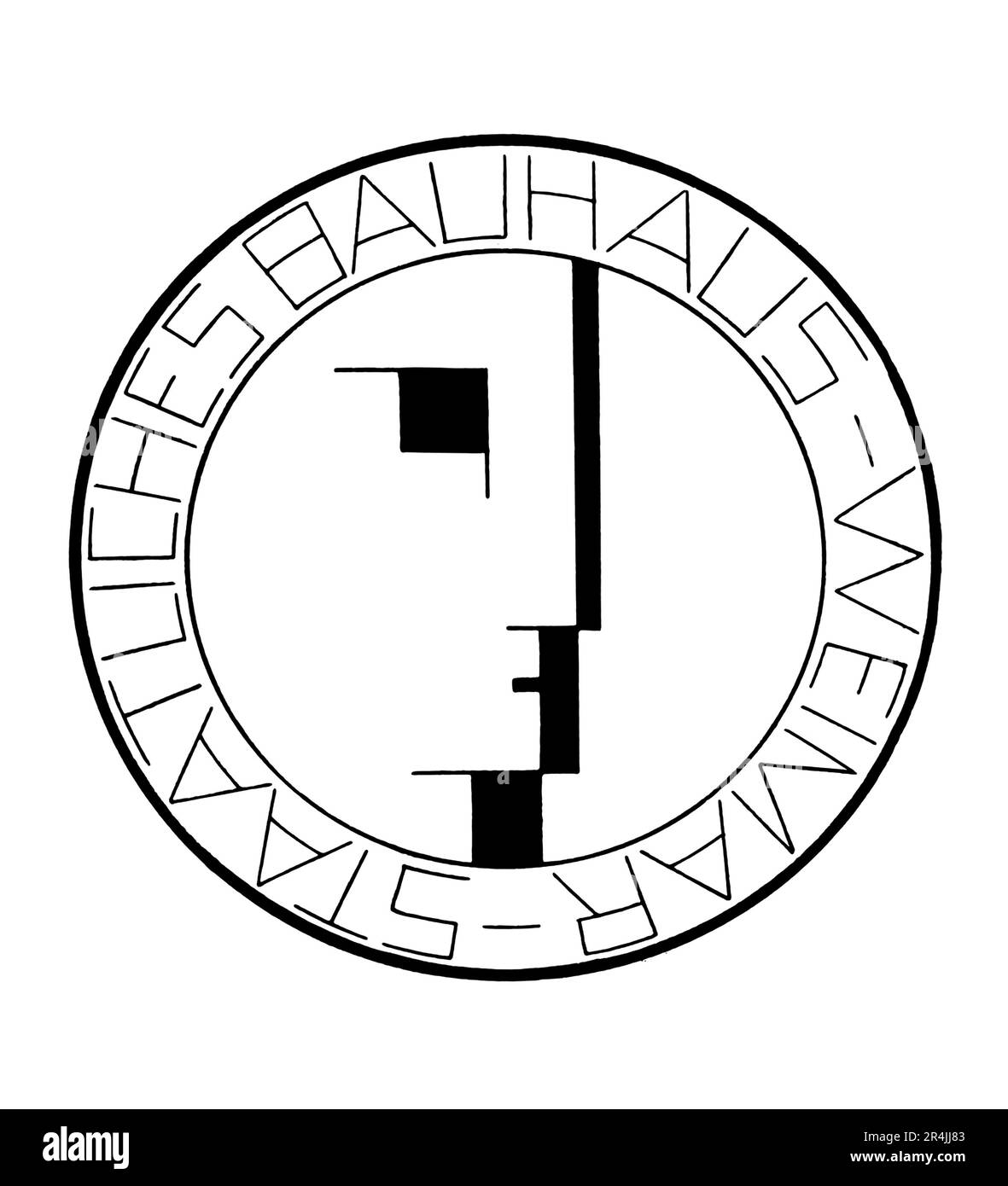 1922 , Dessau , WEIMAR , DEUTSCHLAND : das Logo der BAUHAUS-SCHULE für AVANTGARDE Design , Kunst , Architektur und darstellende Künste , geschaffen vom gefeierten Maler , Bildhauer, Designer und Choreografen OSKAR SCHLEMMER ( 1888 - 1943 ). Bauhaus wurde von dem Architekten Walter Gropius gegründet , der von 1919 bis 1933 die Regie führte , und gründete sich auf die Idee , ein Gesamtkunstwerk ( umfassende Kunstwerke ) zu erschaffen , in dem schließlich alle Künste zusammengeführt werden . Seit 1978 wurde das von Schlemmer geschaffene Symbol auch von der berühmten englischen Rock New Wave Dark Gruppe BAUHAUS als offizielles Logo übernommen . - GRAFIKEN Stockfoto