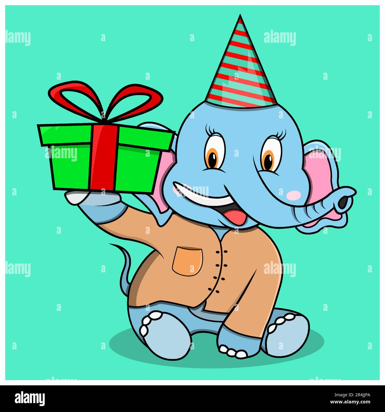 Elefant mit einem Geschenk, türkisblaue Farben Hintergrund, Maskottchen, Symbol, Charakter oder Logo, Vektor und Illustration. Stock Vektor