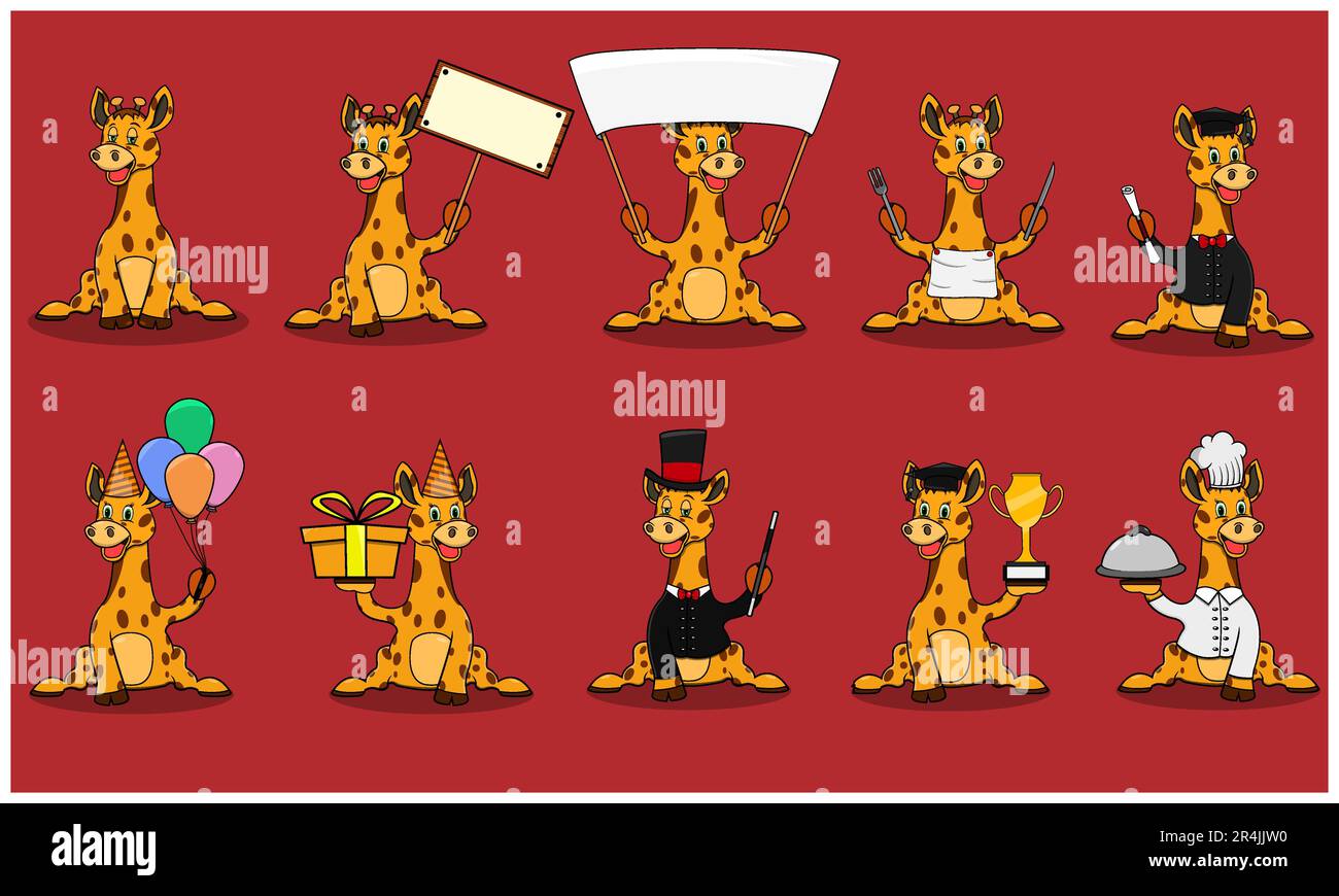 Zehn Modelle Figur Giraffe, rote Farben Hintergrund, Maskottchen, Symbol, Figur oder Logo, Vektor und Illustration. Stock Vektor