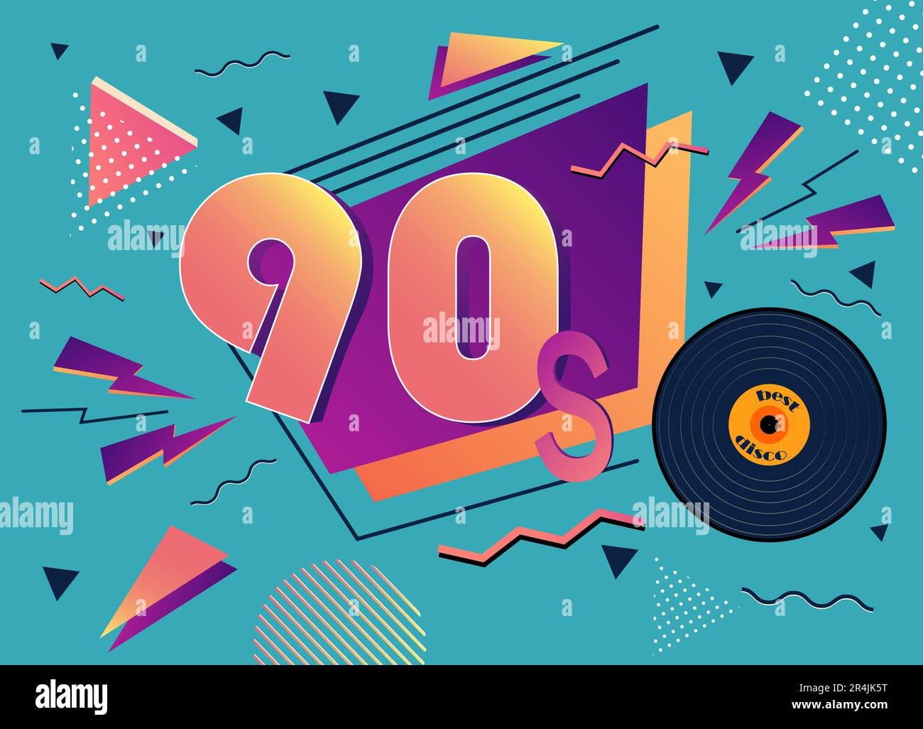Retro-Poster aus den 90s und 80s Jahren. Gramophon-Schallplatte, Vintage-Texturen und Grafiken. Stock Vektor