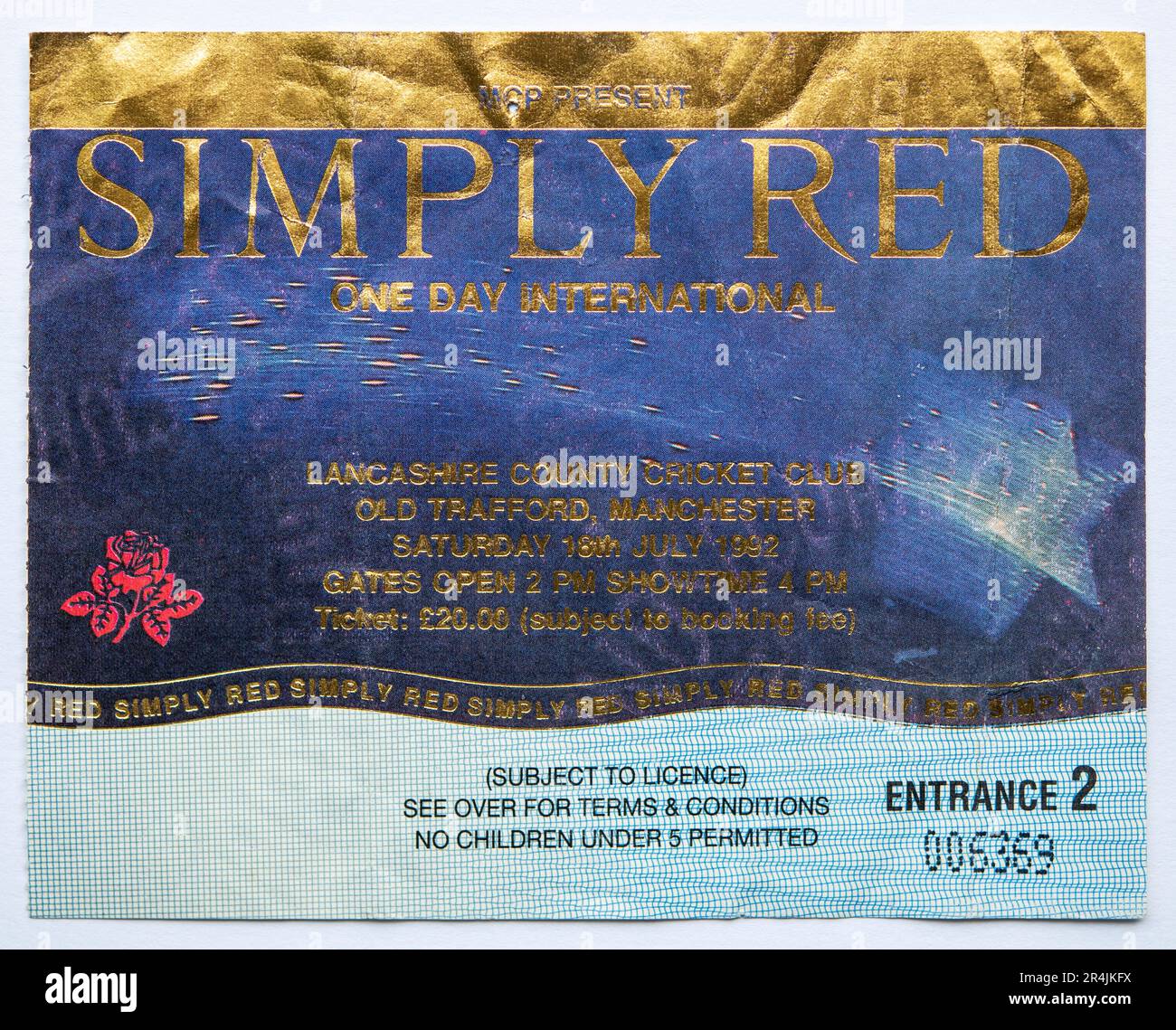 Konzertkarte für den Simply Red One Day International auf dem Old Trafford Cricket Ground in Manchester, Großbritannien, im Juli 1992 Stockfoto