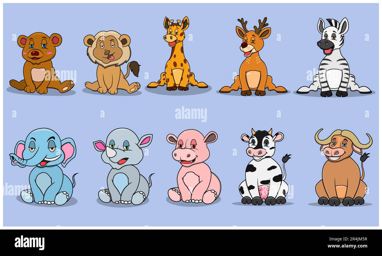 Zehn Tierfiguren mit Entspannungsausdruck und Lächeln , Farben Hintergrund, Maskottchen, Symbol, Charakter oder Logo, Vektor und Illustration. Stock Vektor