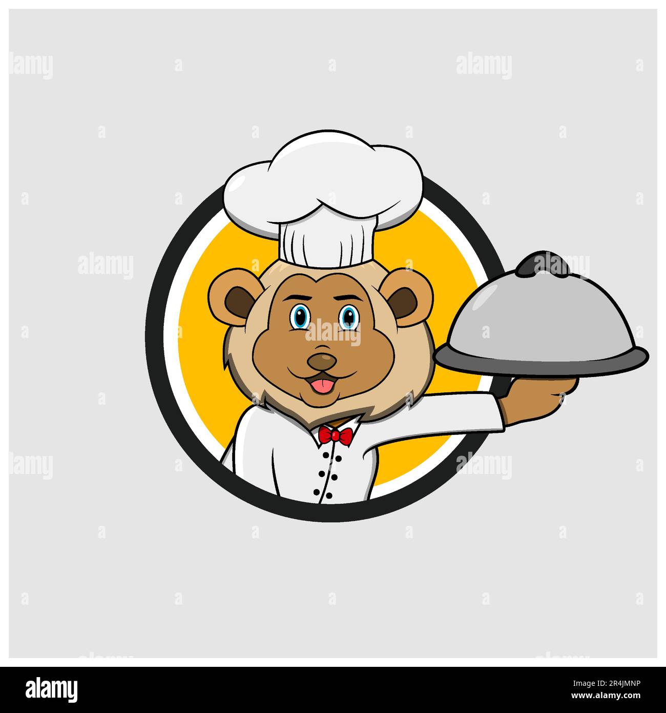 „Lion Head Circle“-Etikett mit „Custom Chef and Bring Food“, gelber Hintergrund, Maskottchen, Icon, Charakter oder Logo, Vektor und Illustration. Stock Vektor