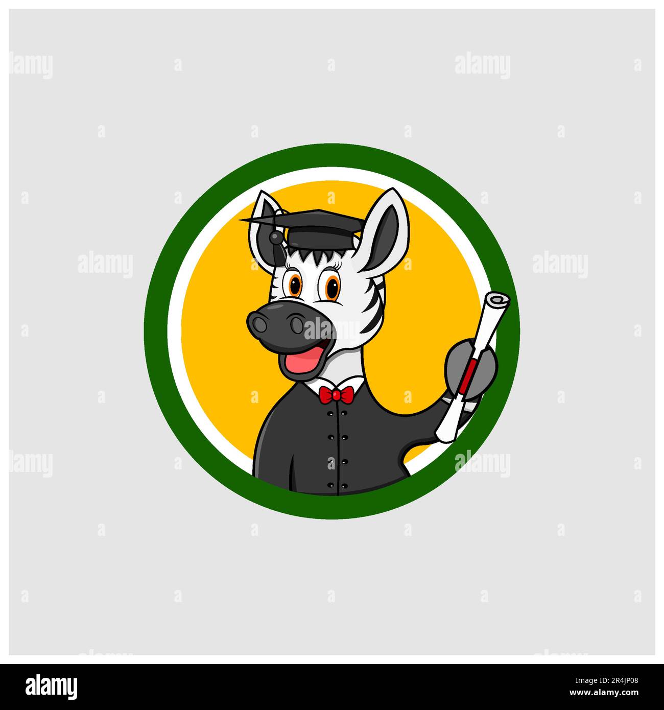 „Cute Zebra Head Graduate“-Kreisschild, Gelbe Farben Hintergrund, Cartoon, Maskottchen, Tiere, Charakter, Vektor und Illustration. Stock Vektor