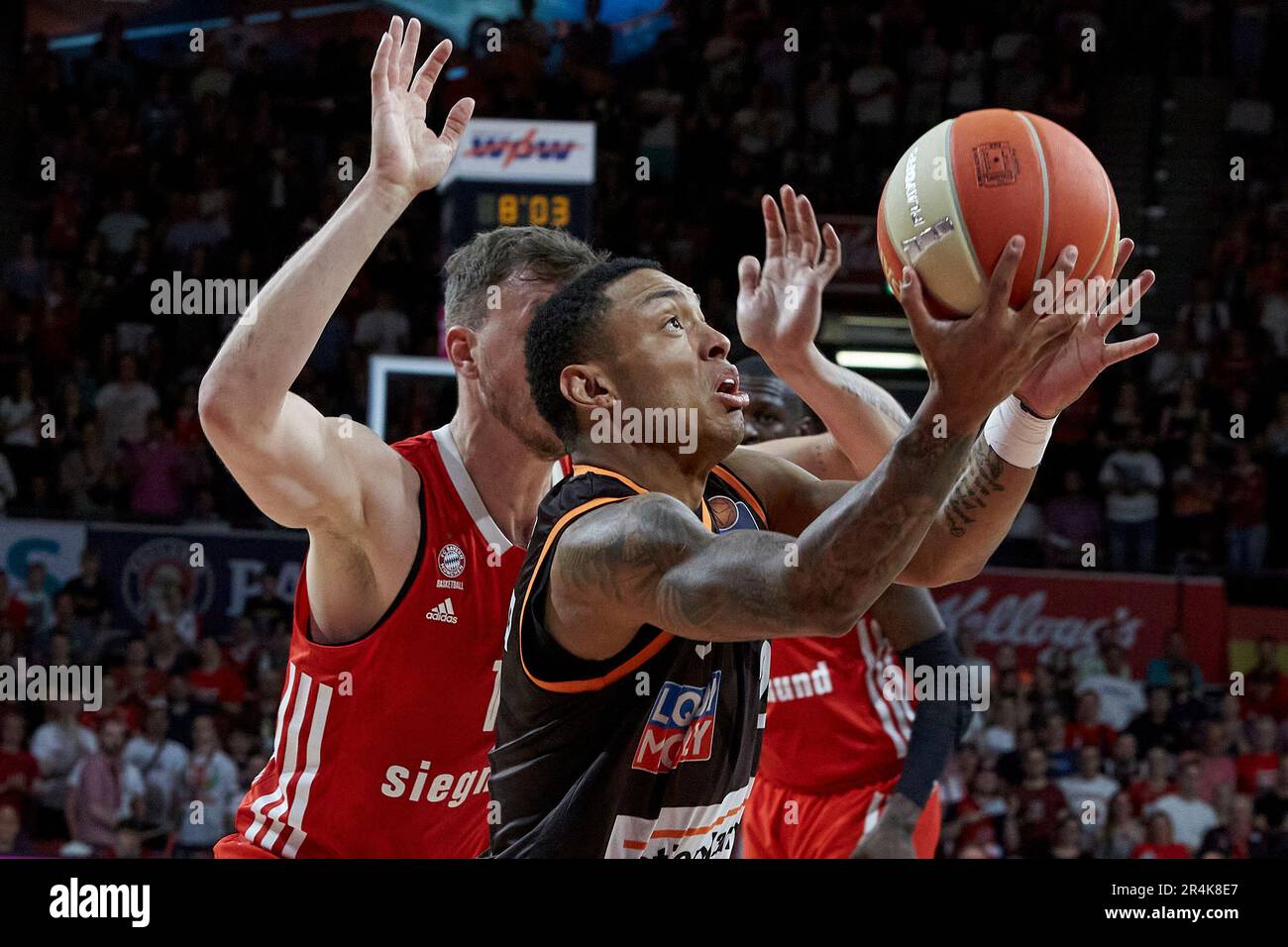 2022/2023 Basketball Bundesliga, FC Bayern München gegen ratiopharm ulm, Playoff Halbfinale Spiel 1 2023-05-28 in München (Audi Dome) dos SANTOS Yago M. Stockfoto