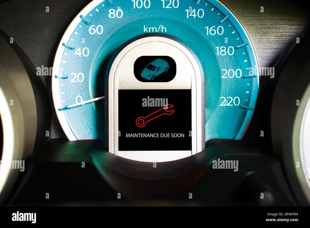 Warnleuchte Wartung fällig auf schwarzem Bildschirm Instrumententafel des Fahrzeugs, Wartungskonzept für Fahrzeuge. Stockfoto