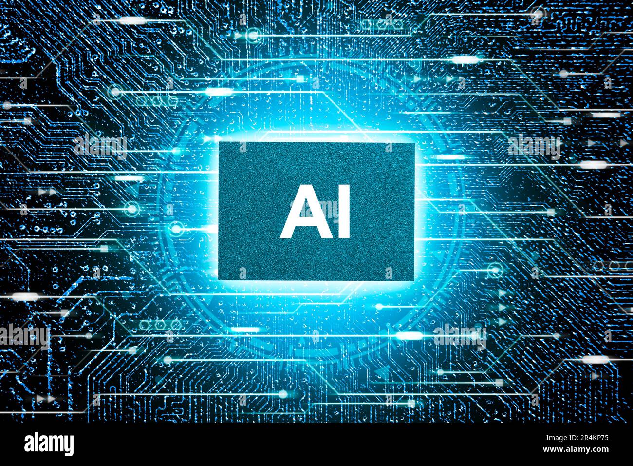 KI-Konzept für künstliche Intelligenz, Nahaufnahme des Mikroprozessors, der auf dem elektronischen Computerhintergrund des Mainboards leuchtet, futuristische innovative Technologien Stockfoto