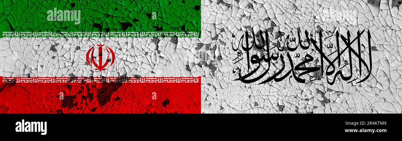Taliban gegen Iran Flaggen Iran- und Taliban-Konflikt. Konflikt zwischen Afghanistan und dem Iran, Kriegskrise, Beziehungen, Wirtschaft, Handelskonzept Stockfoto