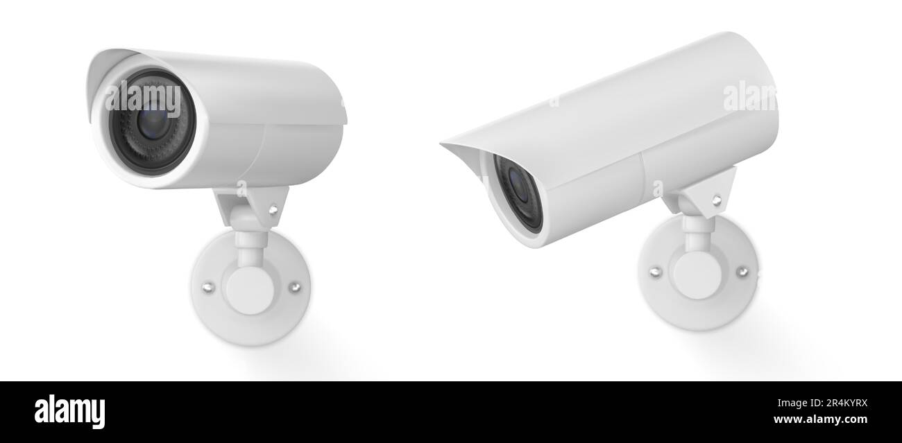 Realistischer Satz von 3D CCTV-Kameras, isoliert auf weißem Hintergrund. Vektordarstellung der Videokamera. Moderne Geräte für Heim, Büro, Unternehmen, Unternehmenssicherheit, Kriminalprävention, Spionagewerkzeug Stock Vektor