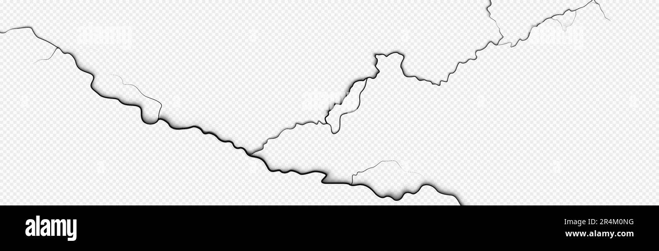 Isolierter Effekt von Lackrissen auf geschliffene Textur. Beschädigter Putz oder Vektor Erdbeben PNG-Muster. 3D realistisches Zement-Scratch-Design. Veraltete Gebäudefassade mit geteilter Linienform Stock Vektor