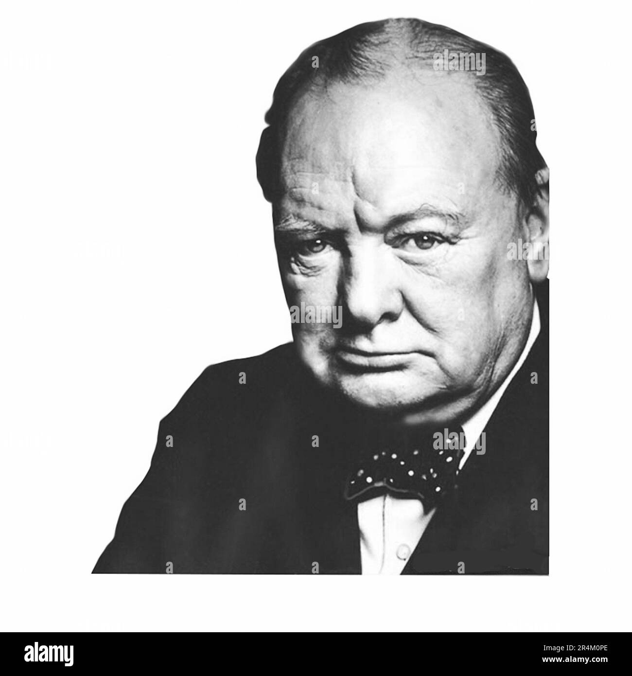Britischer Staatsmann und Politiker Winston Churchill isoliert auf weißem Hintergrund. Ein Fragment englischer Banknote Stockfoto