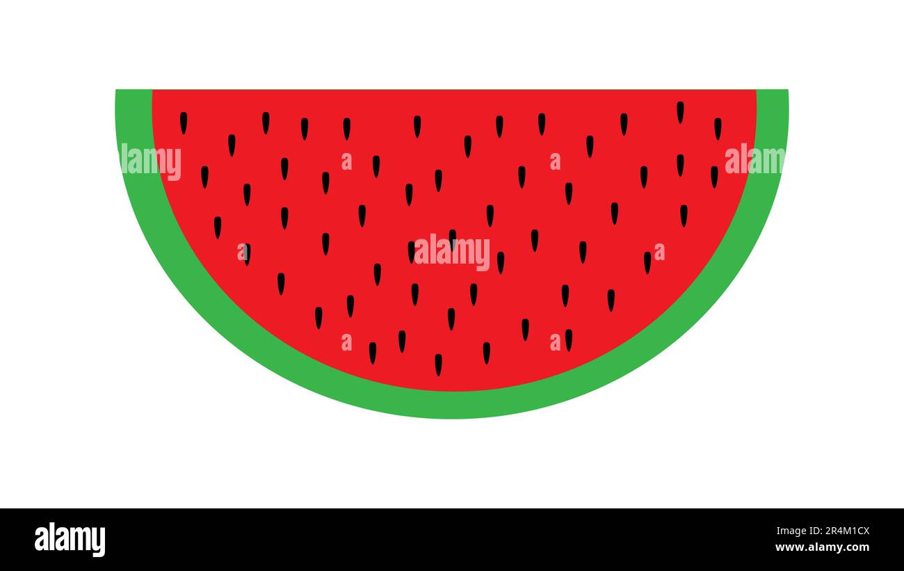 Wassermelone mit Samen auf weißem Hintergrund, Vektordarstellung. Appetitanregende Beere, ein Stück rote Wassermelone mit grünem Cru. Stock Vektor