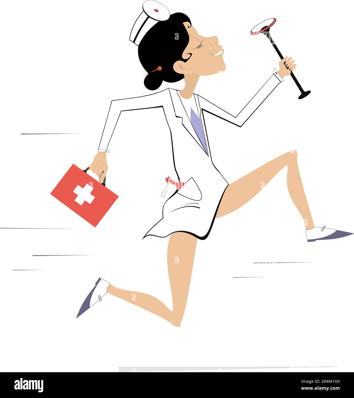 Lächelnde Ärztin rennt, um die medizinische Hilfe Illustration darzustellen. Cartoon-Eile Ärztin mit Arzttasche und Endoskop Stock Vektor