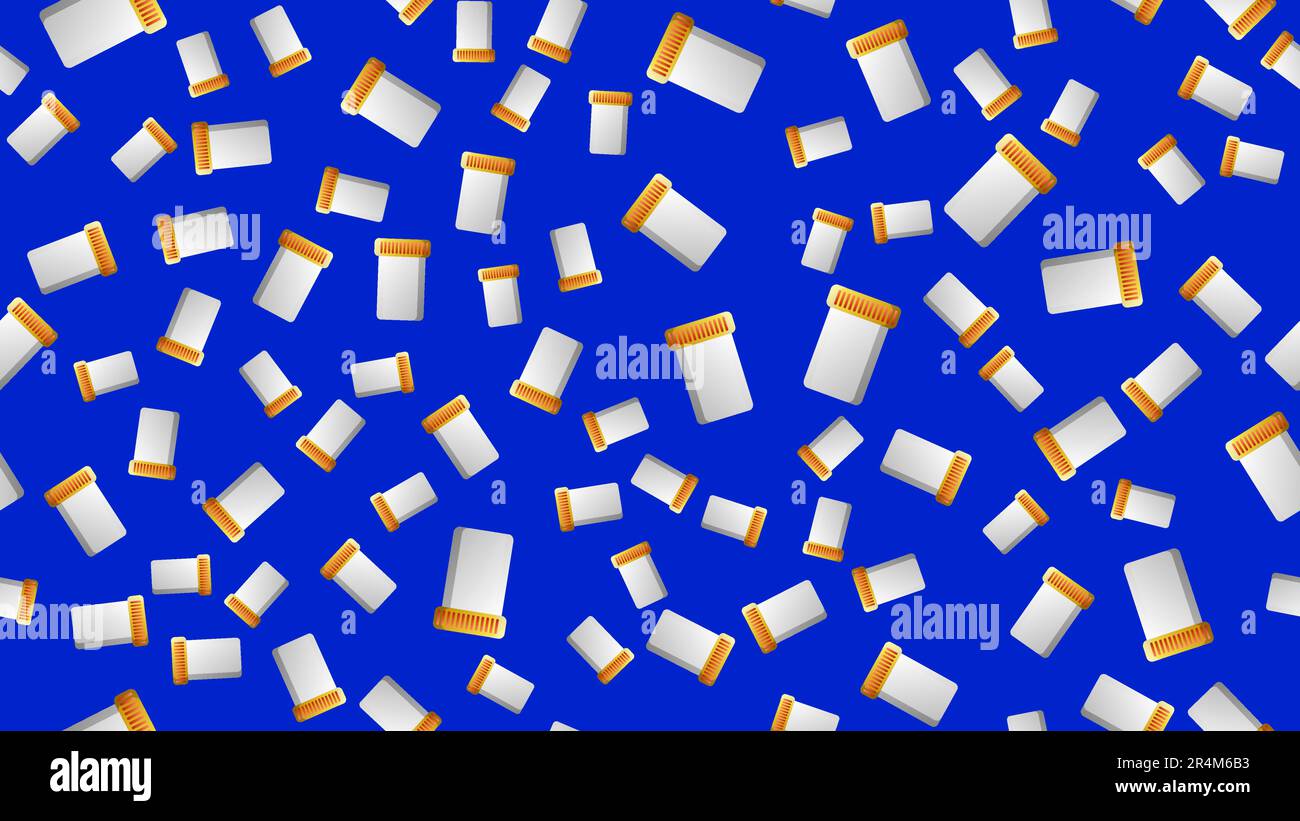 Endloses nahtloses Muster von medizinisch-wissenschaftlichen medizinischen Artikeln für Gläser für Pillen und Medizin-Pillen mit Kapseln auf blauem Hintergrund. Vektor-Illustration Stock Vektor