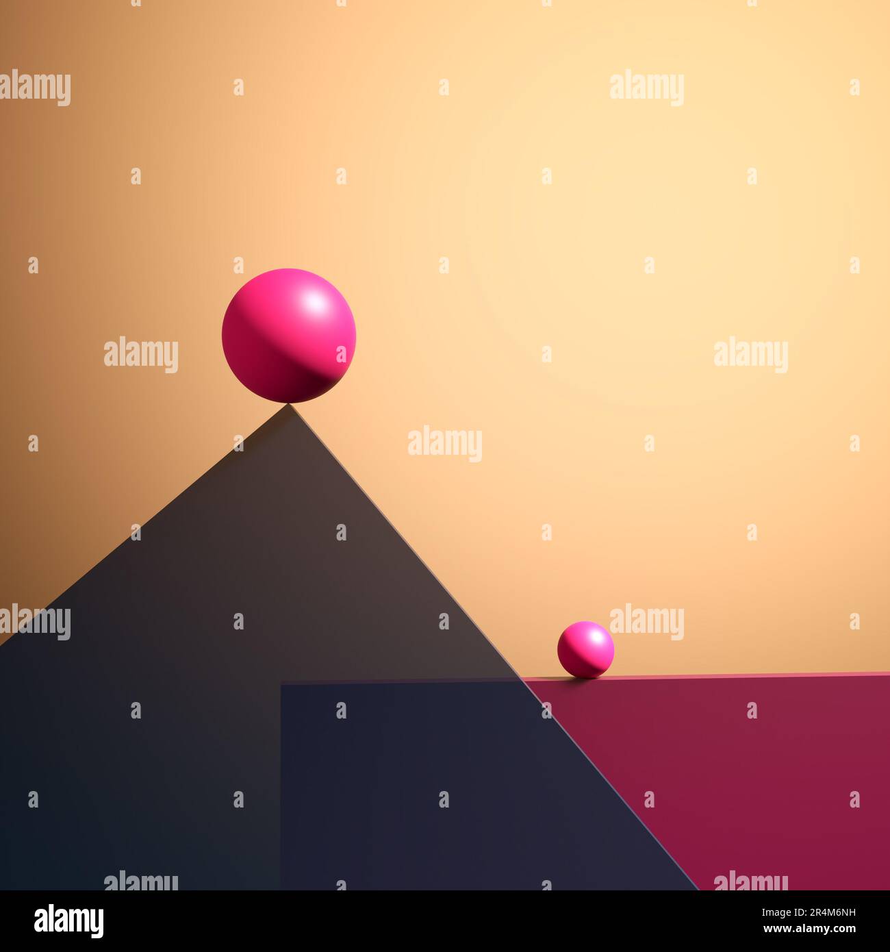 Balance-, Präzision- oder Stabilitätskonzepte. Nach oben greifen. Kugeln oder Kugeln auf der Waage auf geometrischen Formen. Abstrakte 3D-Abbildung. Stockfoto