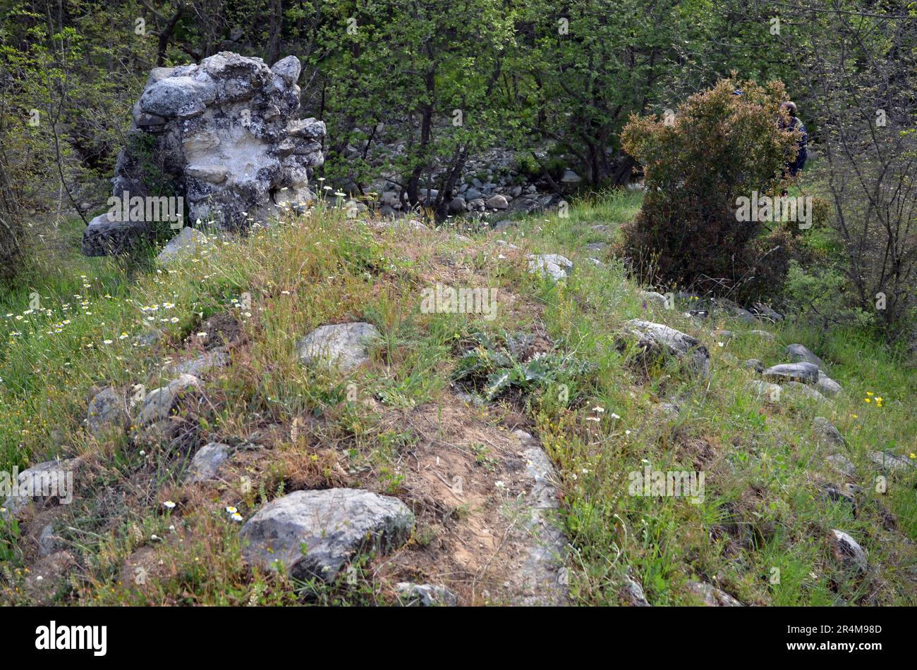 Griechenland, Thessalien, Larisa, Elassona_Flampouro Dorf_Alte Wassermühlen Ruinen und Fluss Stockfoto