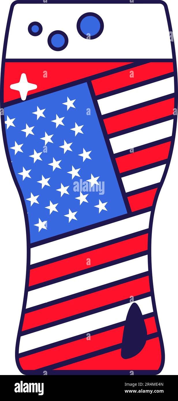 Großes Glas gefüllt mit leichtem Bier, kohlensäurehaltiges Getränk. Festliches Element, Attribute des 4. Juli amerikanischen Unabhängigkeitstages. Cartoon-Vektorsymbol in nationa Stock Vektor