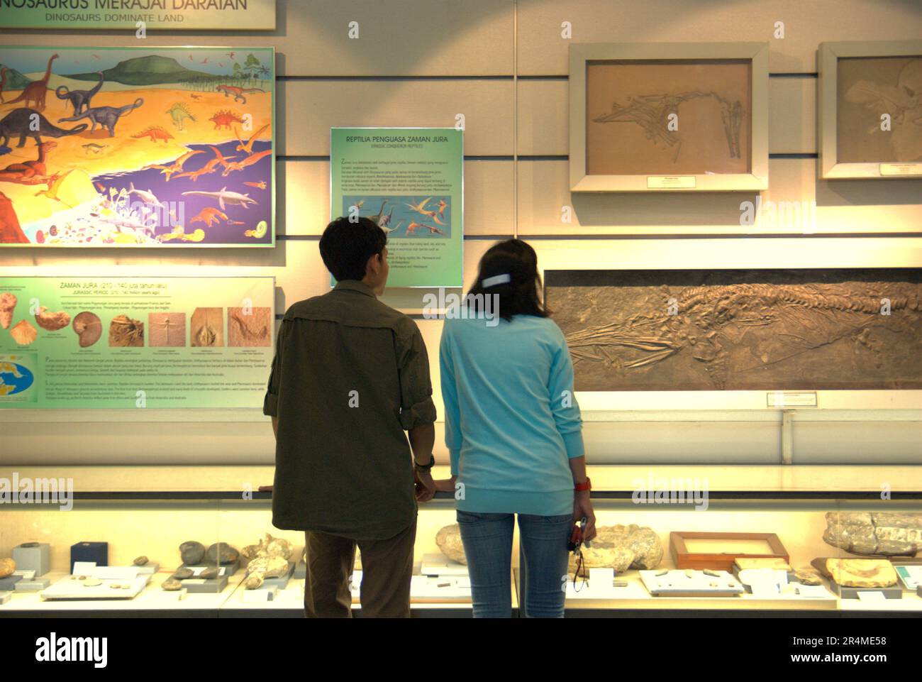 Zwei Museumsbesucher widmen sich den Informationstafeln im Museum Geologi (Geologiemuseum) in Bandung, West Java, Indonesien. Stockfoto