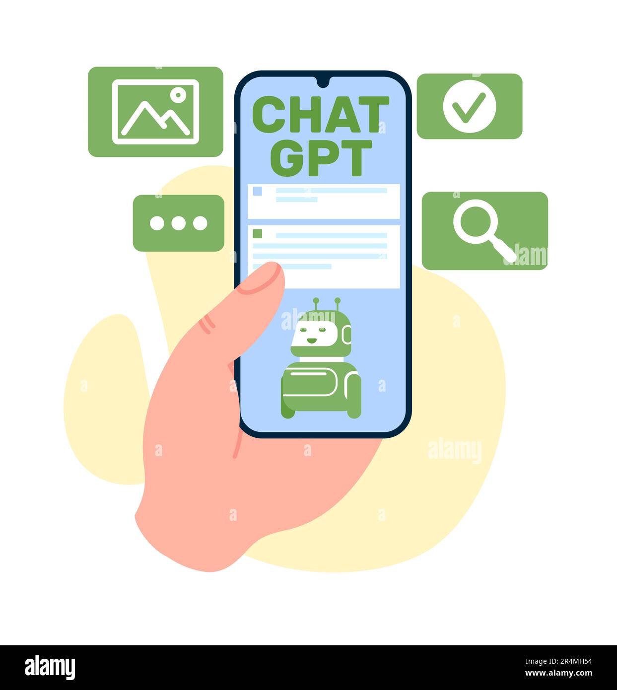 Entspricht KI-Chatbots wie Chat-GPT mit künstlicher Intelligenz. Smartphone mit Handgriff und Anwendungsanzeige, Symbole auf dem Bildschirm. Zeichentrickfilm Stock Vektor