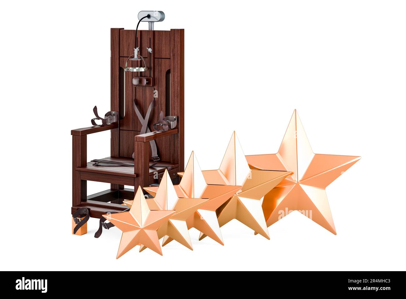 Elektrischer Stuhl mit fünf goldenen Sternen, 3D-Darstellung isoliert auf weißem Hintergrund Stockfoto