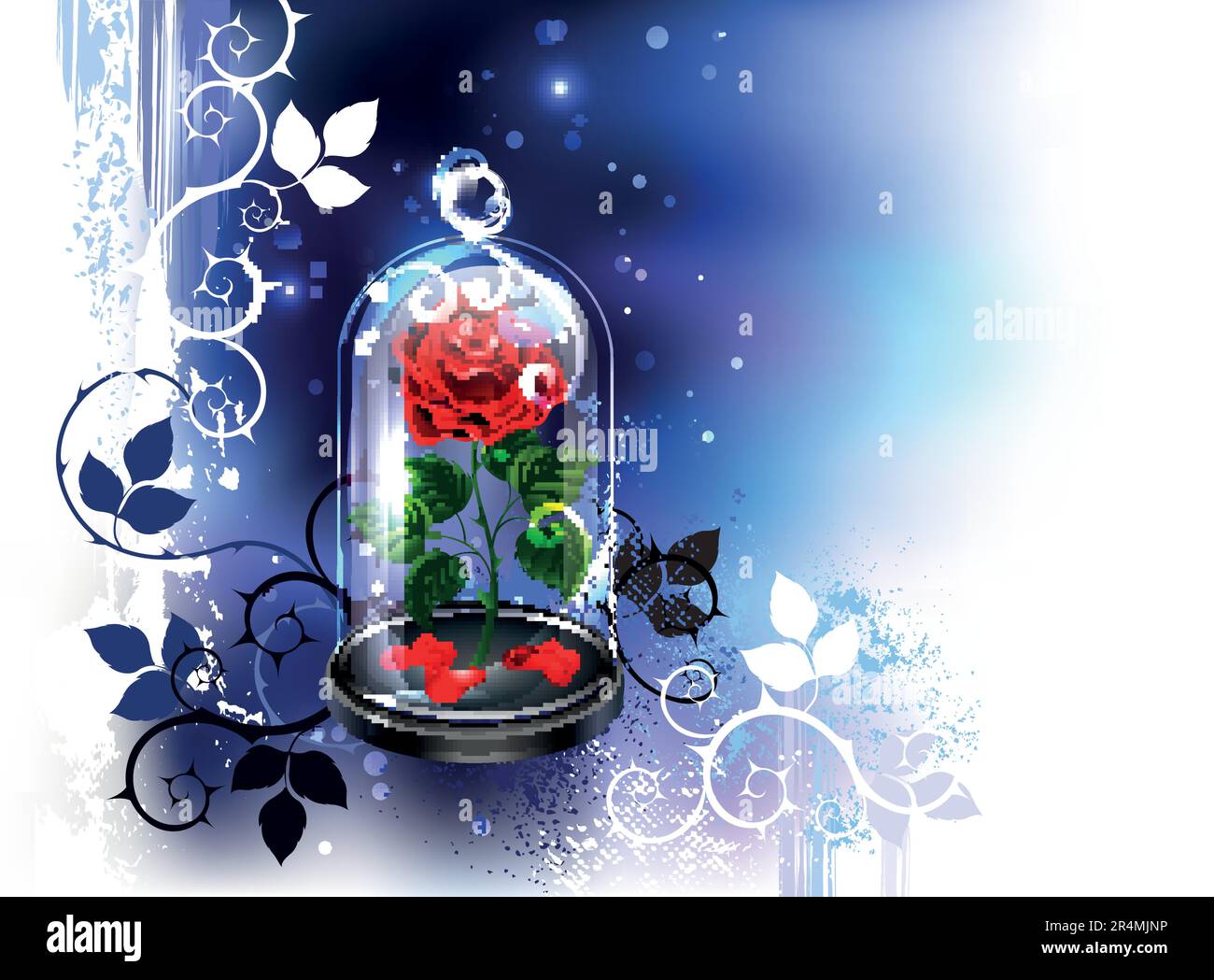 Transparente Glaskuppel mit künstlerisch gestrichener roter Rose auf nachtaktivem blauem Hintergrund mit weißen Farbflecken. Rote Rose Schönheit. Stock Vektor