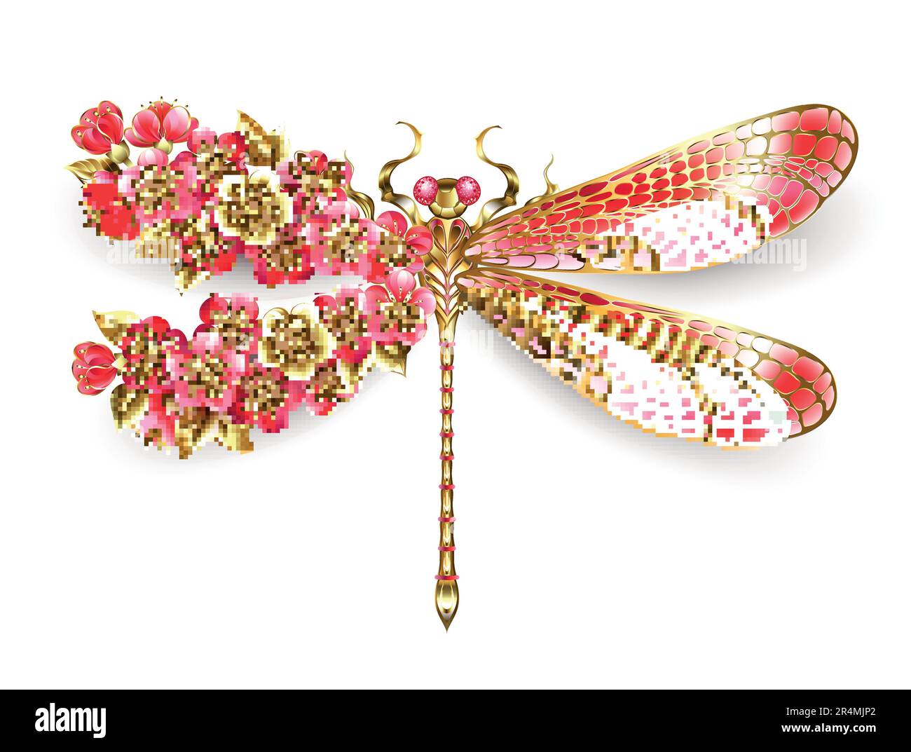 Künstlerisch gezogene, goldene, mit Juwelen verzierte Libelle in Rot und mit Flügeln dekoriert mit roter, blühender japanischer Kirsche auf weißem Hintergrund. Goldener Dragonf Stock Vektor