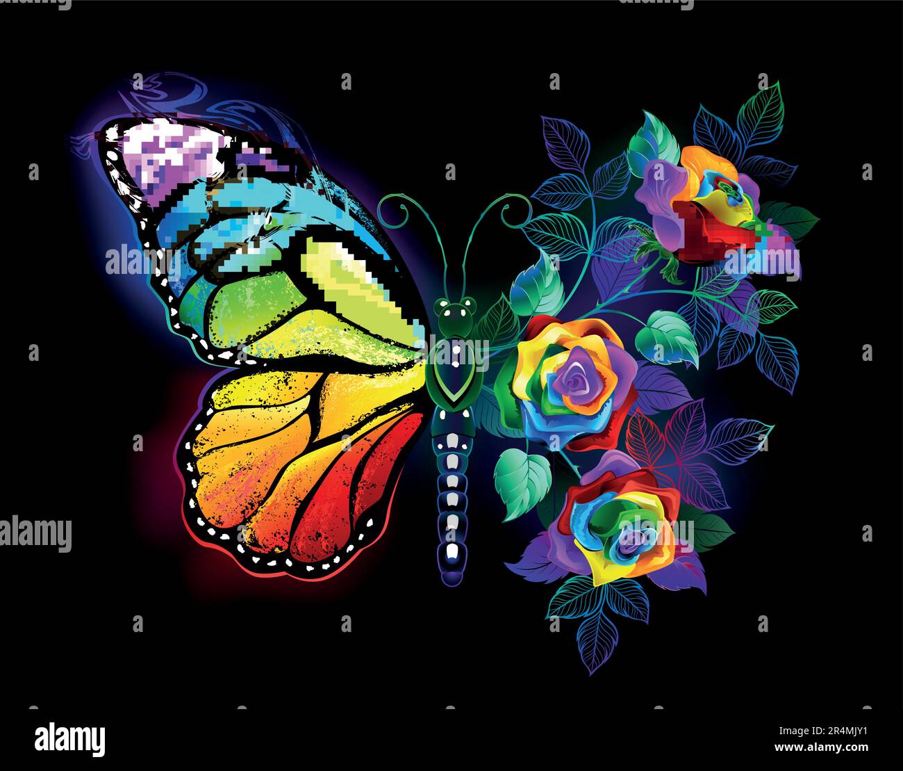 Regenbogen, leuchtender, kunstvoll gemalter Monarch-Schmetterling mit schillerndem Strauß, leuchtenden, leuchtenden Rosen auf schwarzem Hintergrund. Regenbogen-Schmetterling Stock Vektor