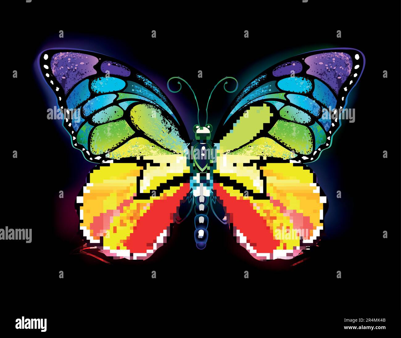 Regenbogen, realistisch, symmetrisch, leuchtend, künstlerisch gezeichnet, Monarch-Schmetterling auf schwarzem Hintergrund. Regenbogen-Schmetterling. Stock Vektor