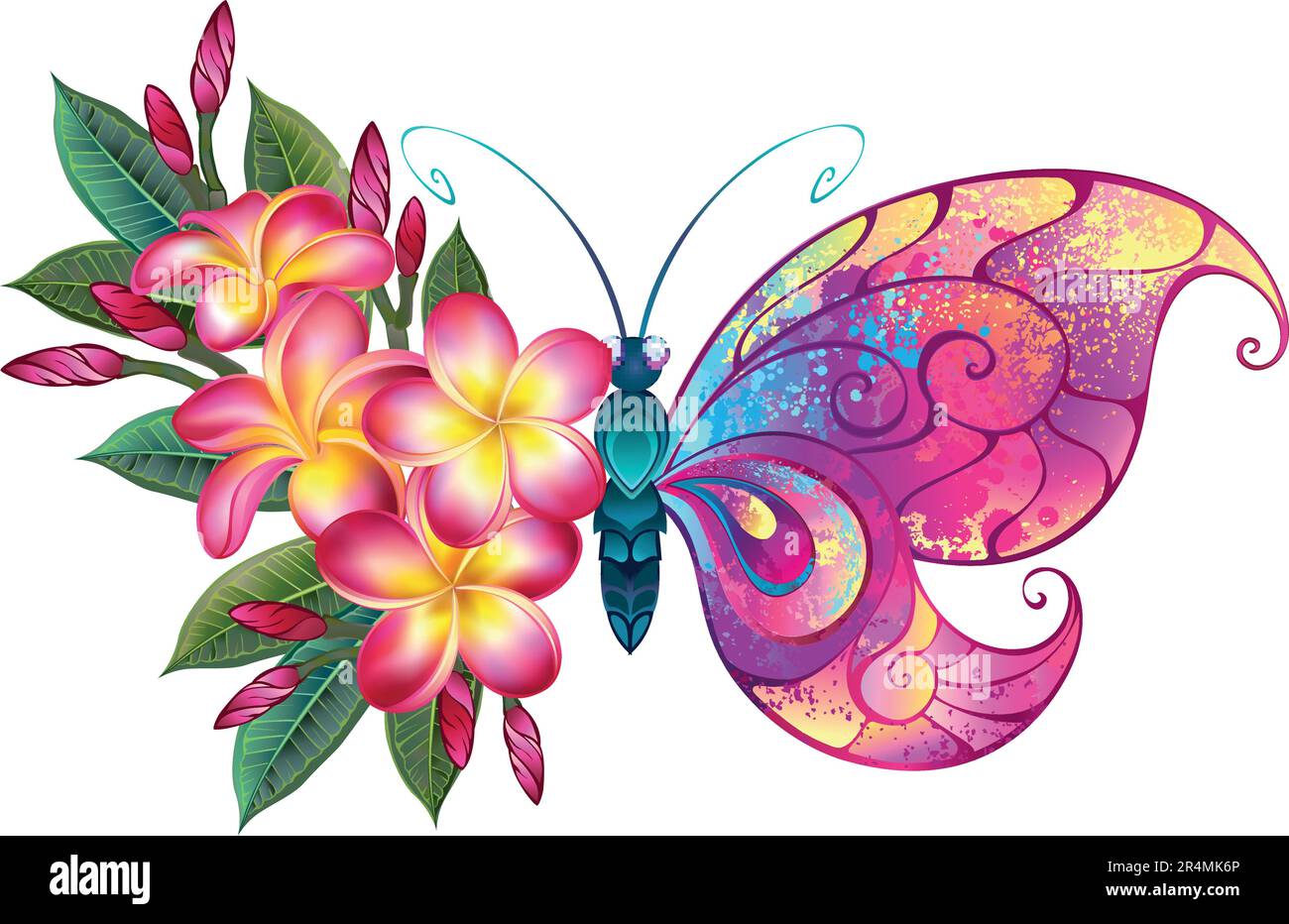 Geblümter Schmetterling mit Flügeln, die mit pinkfarbenen, gelben und blauen Tropfen bemalt sind, dekoriert mit pinkfarbener, blühender, detaillierter Plumeria. Fee Schmetterling. Stock Vektor
