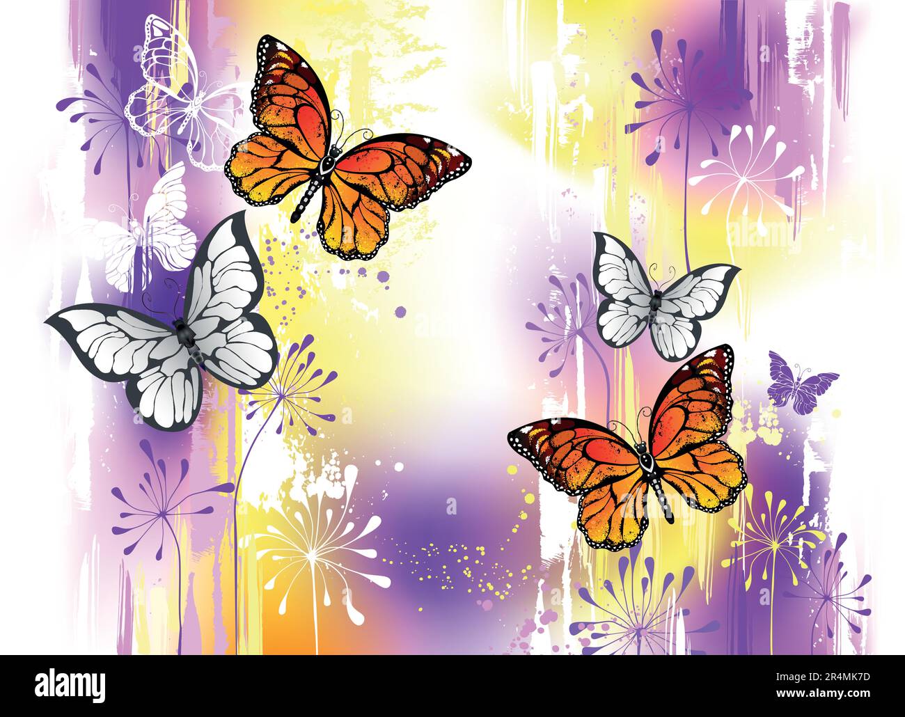 Künstlerisch gezeichnete, detailgetreue Monarchschmetterlinge und weiße Schmetterlinge auf gemalten, großen Pinselstrichen, lila und gelber Hintergrund. Monarch-Schmetterling Stock Vektor