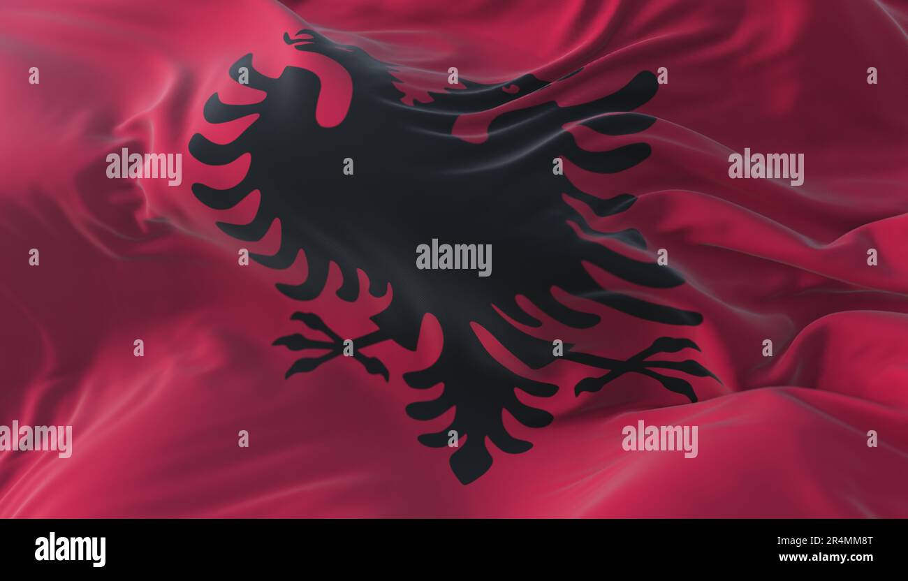 Albanische Flagge winkt. 3D-Rendern Stockfoto