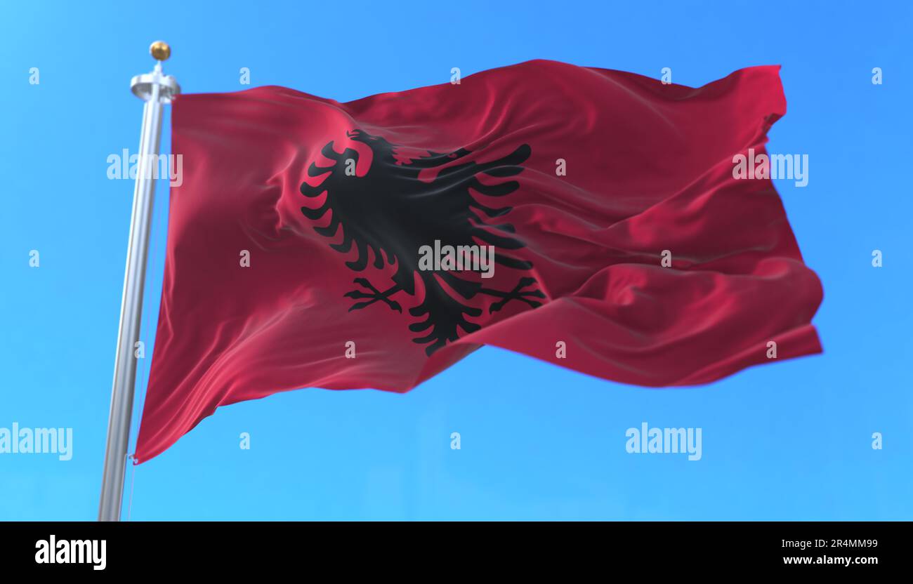 Albanische Flagge, die Wind weht. 3D-Rendern Stockfoto