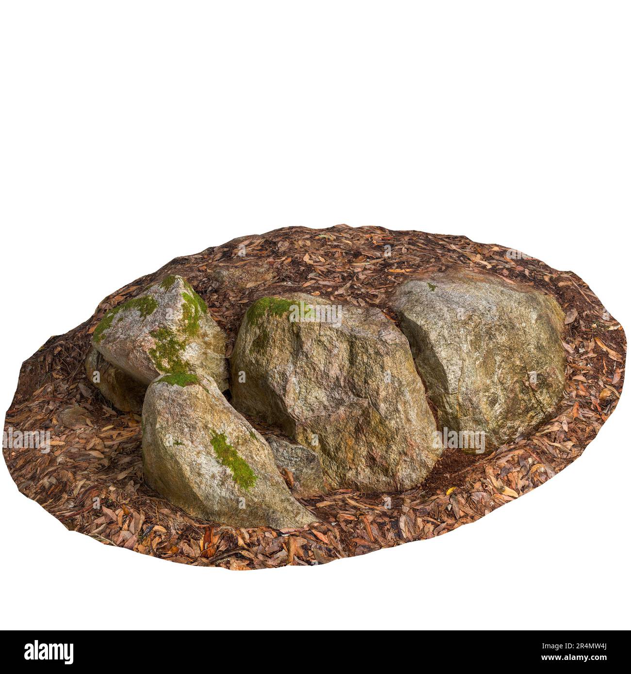 3D Darstellung von moosbedeckten Steinen, die auf trockenen Blättern auf weißem Hintergrund aufgebracht sind Stockfoto