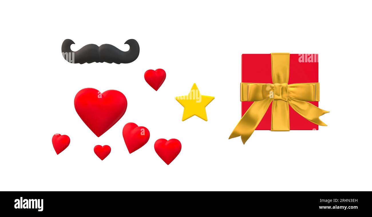 Männlicher Hintergrund mit Geschenkbox, Herzen und Schnurrbart isoliert auf weißem Hintergrund. Stockfoto