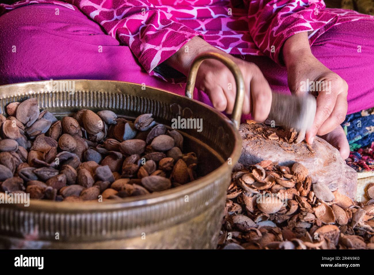 Manual Almond Shelling Practice von Women in einer Genossenschaft in Sidi Bouhria, Oujda Environs, Marokko Stockfoto