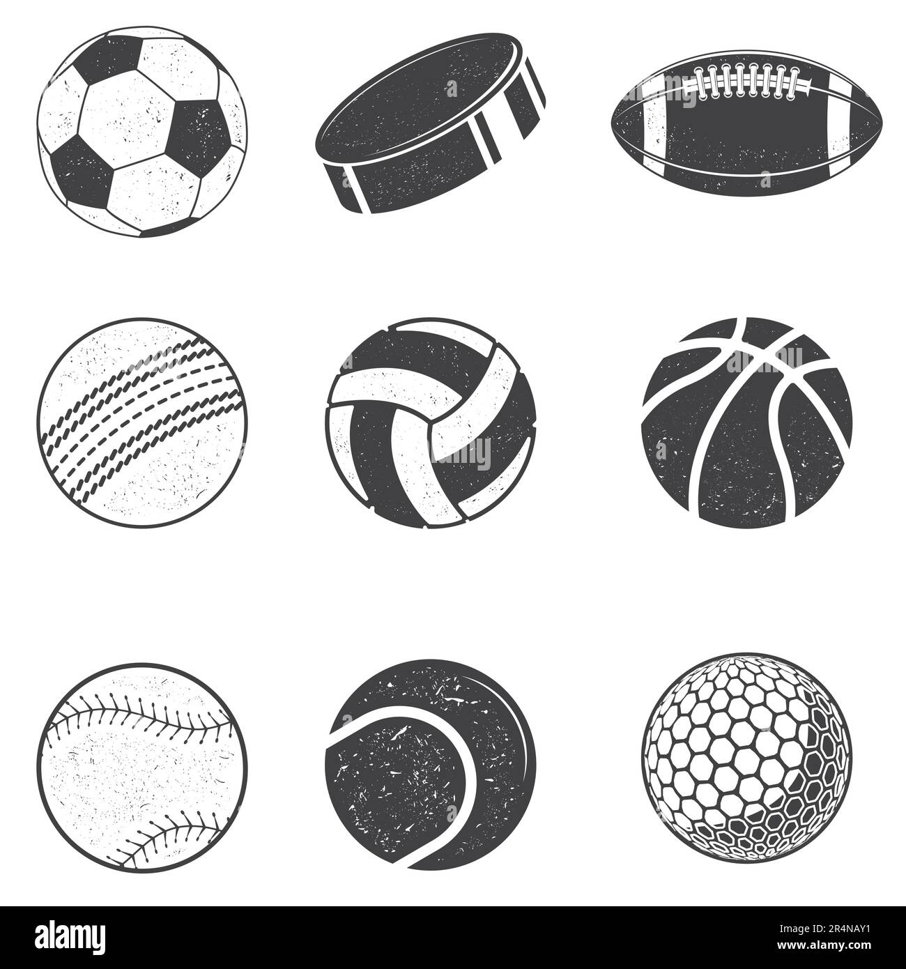 Set aus schwarz-weißen Sportbällen. Vektordarstellung. Set mit Fußball, Backetball, Volleyball, Baseball, Cricket, american Football, Tennis Stock Vektor