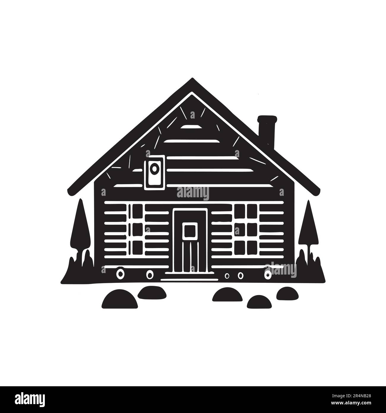 Holzkabine in scandi Linocut-Vektordarstellung. Alpenhütte im Landurlaub Dorf Cartoon. Stock Vektor