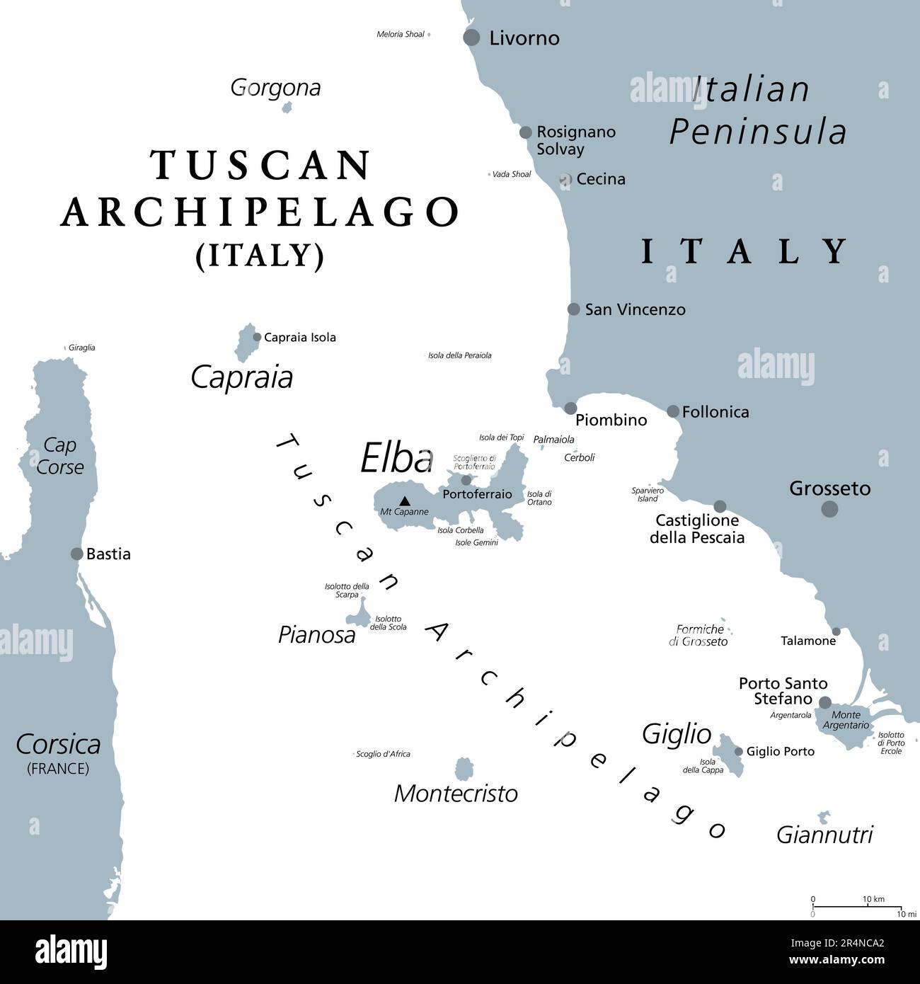 Toskana-Archipel, Italien, graue politische Karte. Inselkette zwischen dem ligurischen und dem Tyrrhenischen Meer, zwischen Korsika und der italienischen Halbinsel. Stockfoto