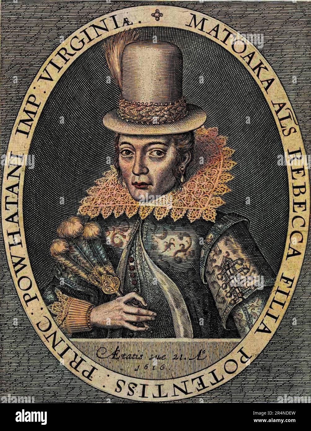 Pocahontas - Portrait de Pocahontas (1595-1617)( ou Mataoka ou Amonute, puis Rebecca Rolfe), Prinzesse amerindienne. gravure d'apres Simon de Passe Stockfoto
