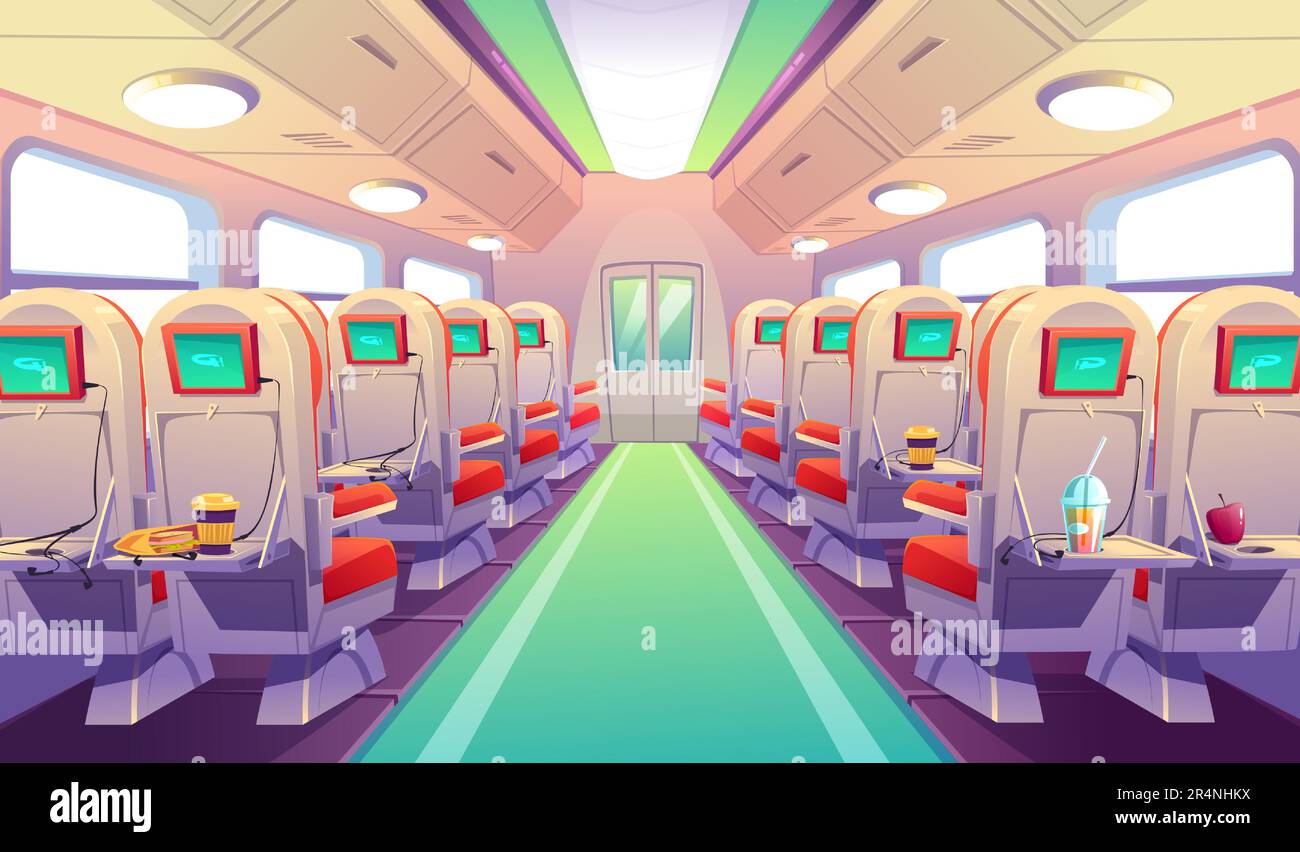 Leerer Bus-, Zug- oder Flugzeuginnenraum mit Stühlen und zurückklappbaren Tischen. Vector-Cartoon-Kabine für Personenwagen, Sitze mit Digitalanzeige, Speisen und Getränke auf einem faltbaren Tablett Stock Vektor