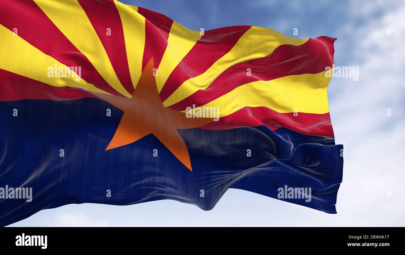 Die Flagge Arizonas, die an klaren Tagen im Wind winkt. Kupferstern, 13 rote und gelbe Strahlen und eine blaue untere Hälfte. Rendern der 3D-Darstellung. Selecti Stockfoto