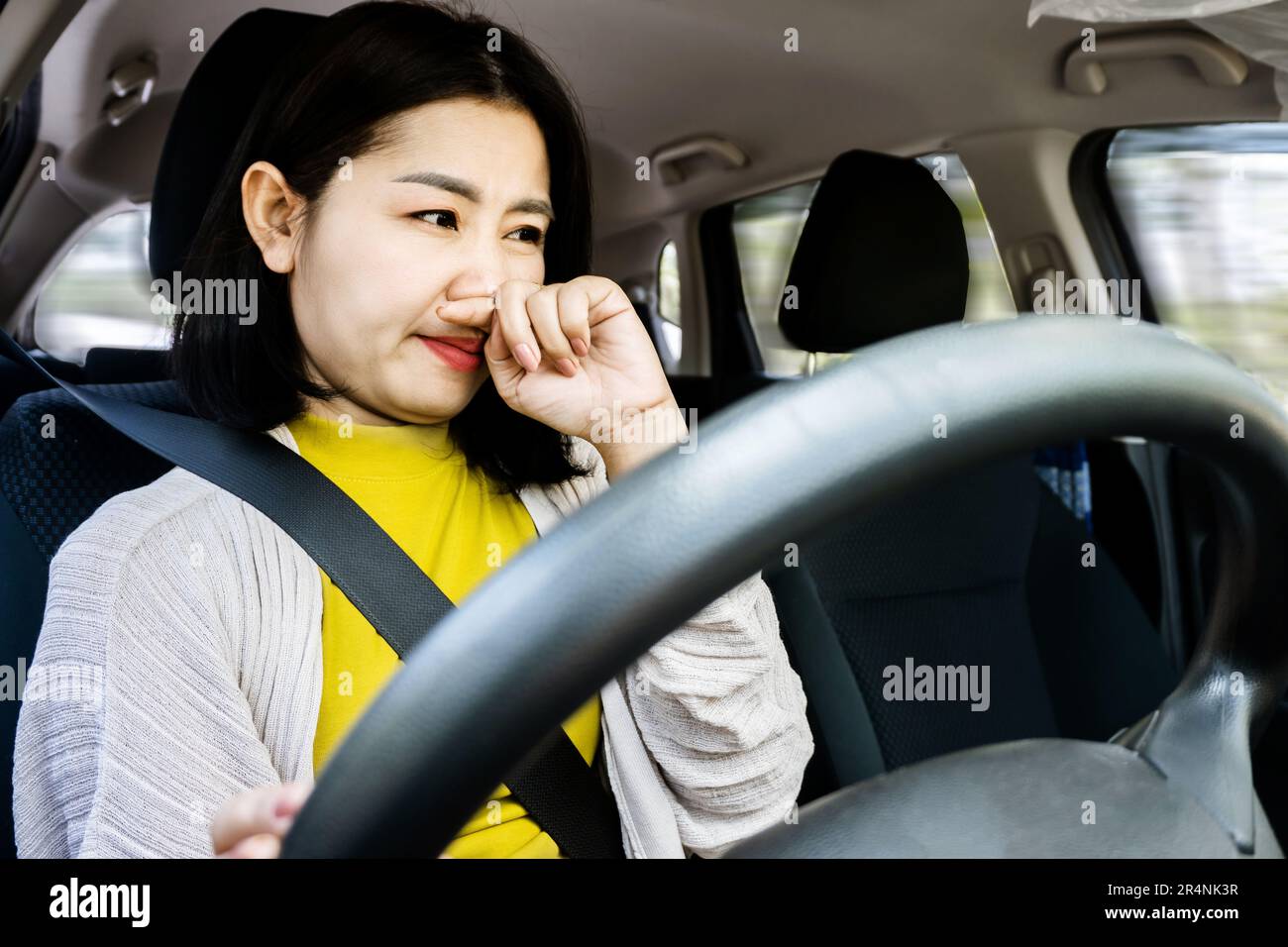 Nahaufnahme einer unzufriedenen Asiatin, die Auto fährt, frustriert von stinkendem Fahrzeug Stockfoto