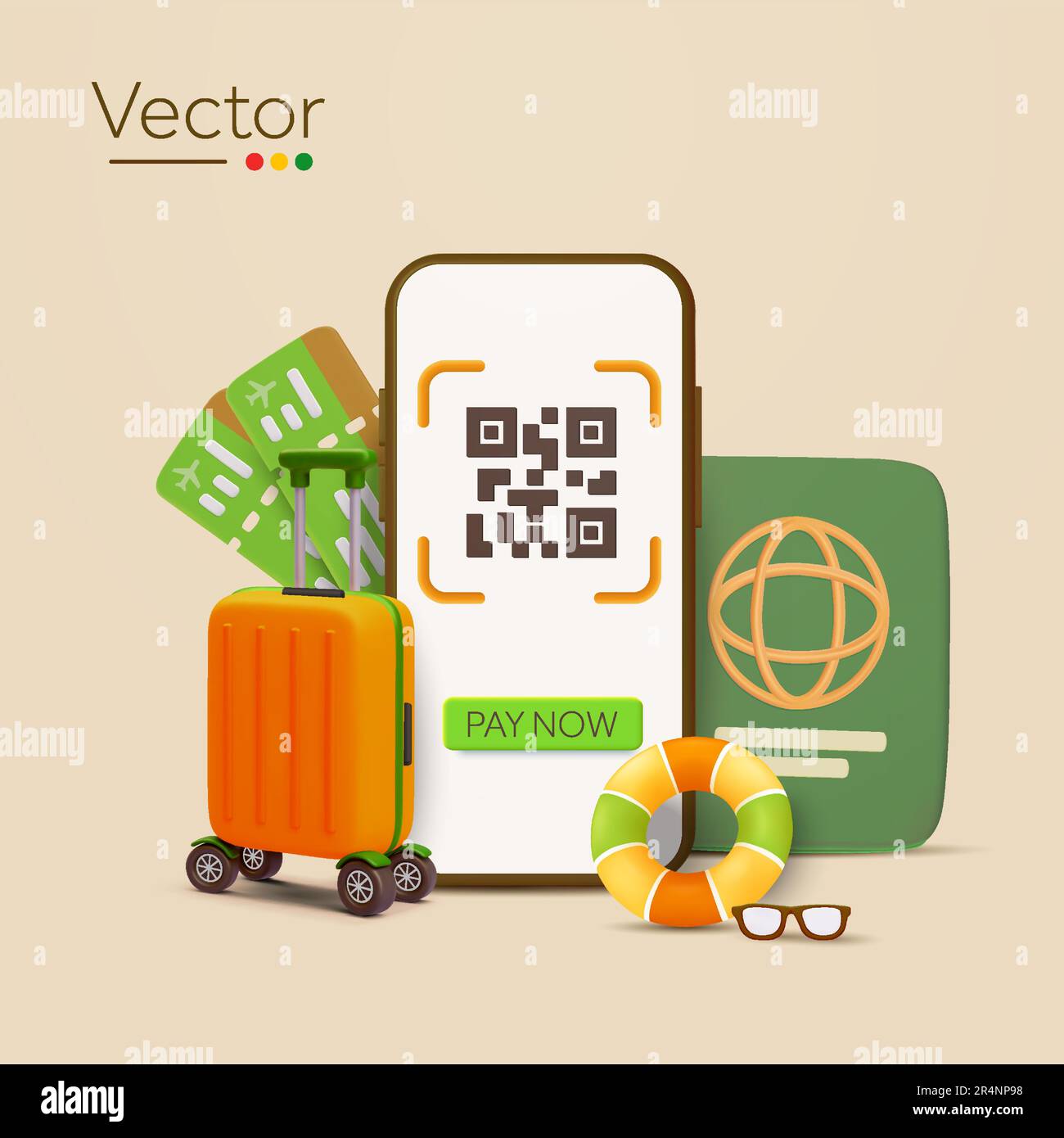 3D Telefon mit QR-Code, jetzt bezahlen, Koffer, Gepäck, Schwimmboje, Sonnenbrille, Reisepass, Flugtickets, isoliert im Hintergrund. Illustration für Reisen, Buchung, Reisen, Urlaub. 3D-Vektor. Vektordarstellung Stock Vektor