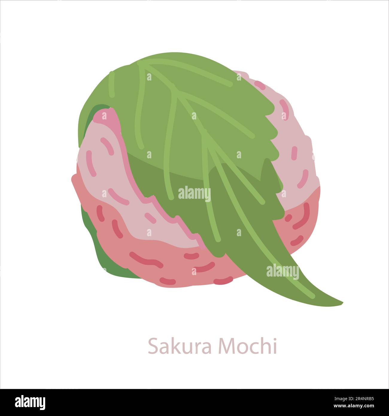 Sakura mochi. Klebriger Reis traditionelles japanisches süßes Gebäck, verpackt in grünes Sakurablatt. Vektorgrafik isoliert auf Weiß Stock Vektor