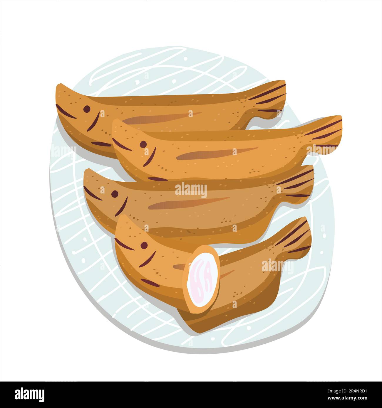 Waka Ayu, süßes Gebäck auf dem Teller. Japanische Süßwaren mit Reiskuchen, in ovaler Form verpackt und wie Fisch geformt. Japanischer traditioneller süßer Snack. Vektorwagen Stock Vektor