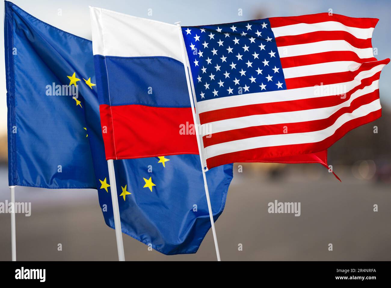 Russland, USA und EU-Flagge Stockfoto